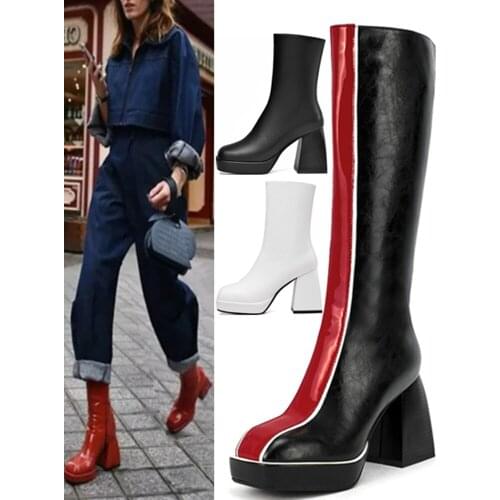 Woman Square heel square toe boots leather chunky heel celebrity catwalk boots woman leather Patchwork color chunky heel boots