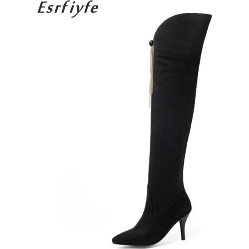 ESRFIYFE 2021 New Women Over The Knee High Boots Zip Winter Shoes Thin High Heel Pointed Toe All Match Women Boots Size 30-48
