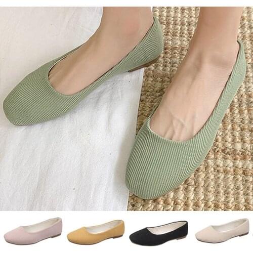 Plus Size Spring Autumn Women Flats Square Toe Boat Shoes Striped Ballet Flats Cotton shallow Slip on Shoes Woman