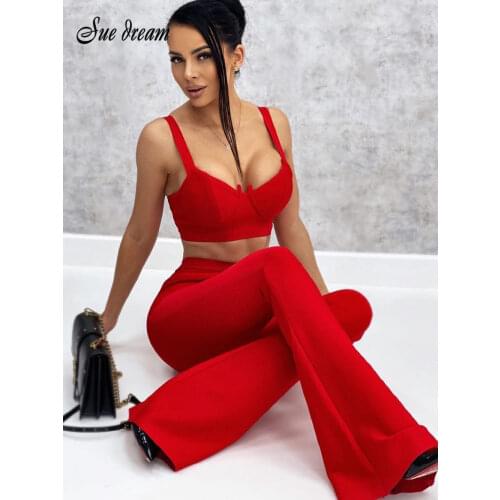 2021 Womens Bandage Set 2 Pieces Strap Sleeveless Bustiers And Long Bell-Bottoms Trousers Sexy Celebrity Party Sheath Vestidos