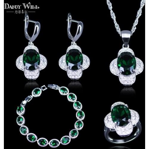 Wonderful Green Zircon White Crystal Silver Color Women Wedding Jewelry Set Ring Size 6/7/8/9/10 Bracelets Set