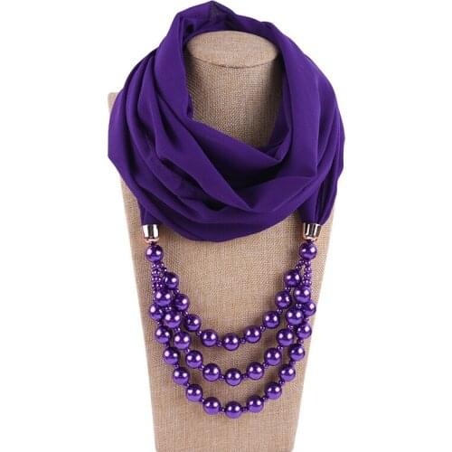 Women Fashion Necklace Scarf Jewelry With Three pearl Chain Female Foulard Muslim Hijab Pendant Chiffon Head Scarves 180X48CM