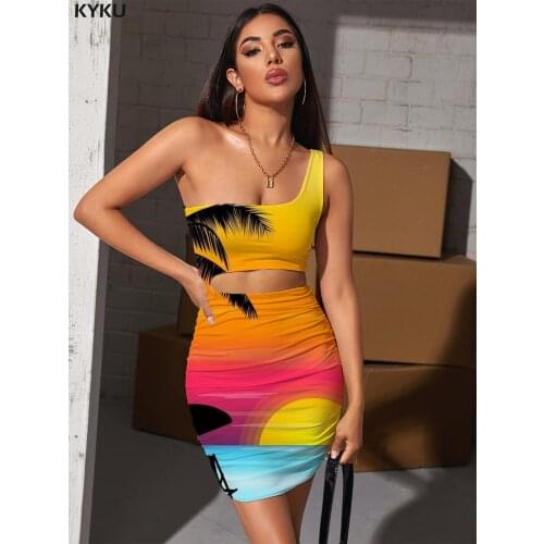 KYKU Hawaii Dresses Women Coconut Tree Bodycon Dress Moon Vestido Sexy Landscape Pleating Womens Clothing Plus Size Vintage