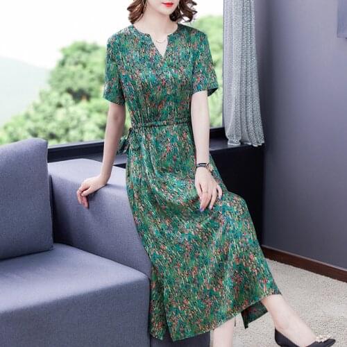 Summer Casual Print 4XL Plus Size Mulberry Silk Midi Dress 2021 Vintage Satin Short Sleeve Dress Women Elegant Bodycon Vestidos