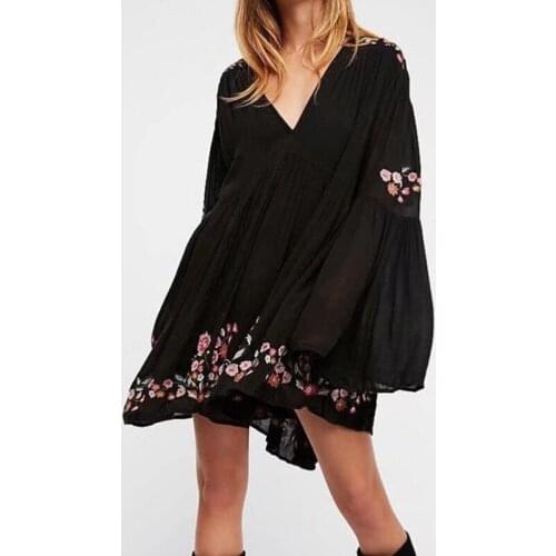 Bella Philosophy spring women loose long sleeve dress casual women embroidery V neck dress empire female mini fashion dress