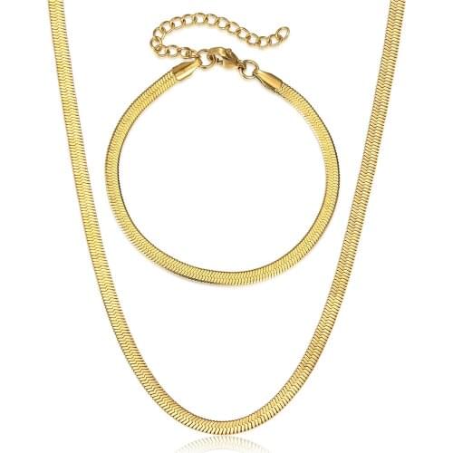 3mm Flat Snake Chain Necklace Bracelet Gold Silver Color Stainless Steel Link Chain Jewelry Sets for Women Wedding Gift DS19