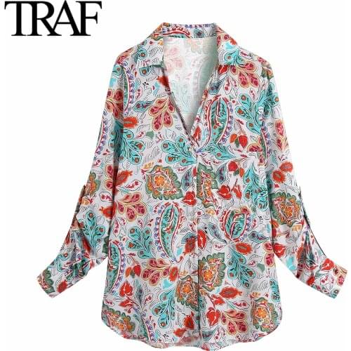 Traf Za Women Clothing 2021 Spring Autumn Long Sleeve Blouses Chic Fashion Ladies Loose Shirts Vintage Printed Buttoned Tops