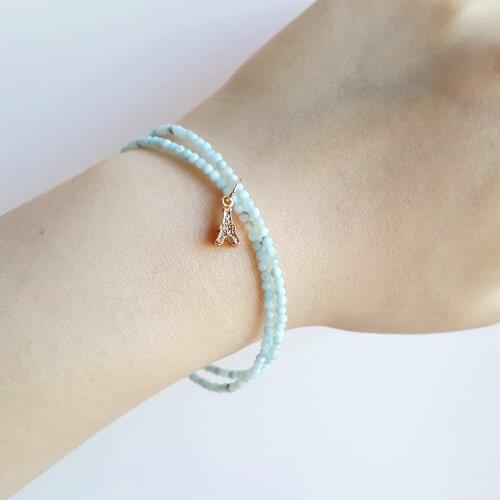Lii Ji Larimar Eiffel Tower Charm Bracelet Natural Stone 925 Sterling Silver Gold Plated Clasp Sparkling Delicate Jewelry