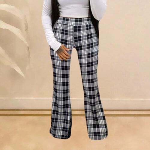 ZKYZWX Plaid Striped Print High Waisted Flare Pants Womens 2021 Fashion Clothes Sexy Pants Casual Vintage Bell Bottom Trousers