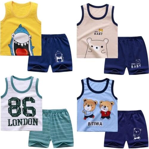 Childrens Vest Set Summer Cotton Clothes Girl Shorts Baby Boys Sleeveless Suit Cartoon Print Kids Summer Clothing