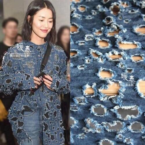 Denim Cotton Fabric Blue Frayed Ripped Holes DIY Patchwork Jeans Coat Jacket Trousers T-Shirt Apron Dress Designer Fabric
