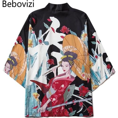 Bebovizi Japanese Anime Kimono Men Cardigan Shirt Blouse Yukata Men Haori Obi Samurai Clothing Male Tradition Cardigan Clothes