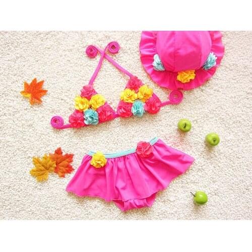 Hawaii Style Baby Kids Girls Bikini Three Pieces Swimming Split Top + Skirt + Hat Swimwear Summer Beach Flowers Swimsuit SA4007