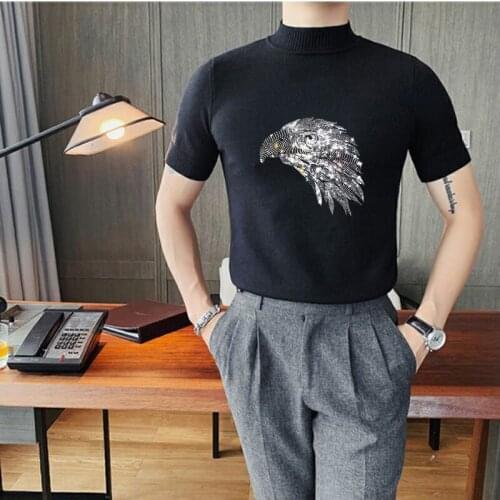 Summer New Harajuku Design Mens Hot Drilling Sweater Comfortable Lightweight Slim-Fitting Knitted Half-High Neck Pullover