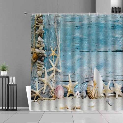 Starfish Shower Curtain Summer Beach Shell Wood Grain Blue Scenery Seaside Landscape Waterproof Curtains Home Bathroom Decor Set