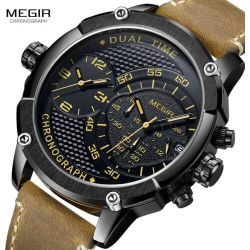 MEGIR Mens Double Time Zone Chronograph Quartz Watches Waterproof Lumious Leather Band Army Sports Wristwatch for Man 2093G-BK