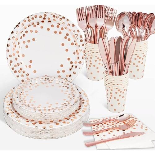 Rose Gold Party Disposable Tableware Sets Supplies Plates Dinnerware Birthday Decoration Wedding Christmas Baby Shower Favors