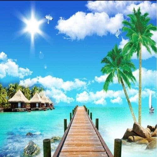 Wellyu Custom large - scale murals Maldives beach wooden bridge coconut landscape background wall non - woven wallpaper