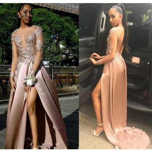 2020 New African Black Girls Gray Pink Sexy Prom Dress Queen Sheer Long Sleeves Evening Party Gown Plus Size Event Dress Elegant