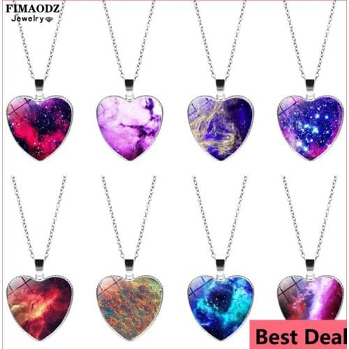 FIMAODZ Charm Nebula Galaxy Necklace Universe Space Solar System Art Pattern Glass Gem Heart Pendant Jewellery Gift