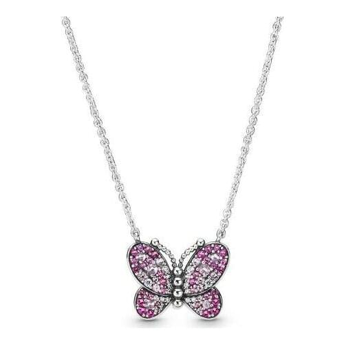 925 Sterling Silver Pandora Necklace Dazzling Pink Butterfly Necklace For Women Wedding Gift Diy Jewelry