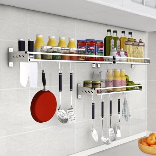 Stainless Steel Storage Hanging Shelf Kitchen Storage Rack Pantry Cookware Spice Shelf Punch-free with Pole Household Rack