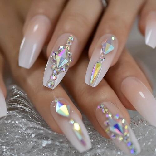 Luxury Nails Custom Large Stones Decorated Nail Art Tips Luxe Icy Ombre Coffin Shape Press On Nails Natural with Glue Sticker