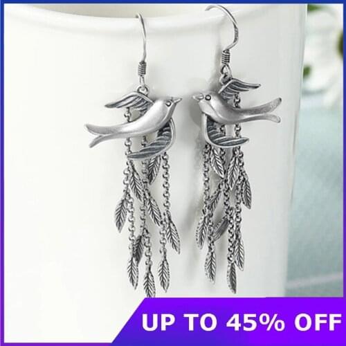 Pure 925 Sterling Silver Leaf Tassel Literary Earrings for Women Female Temperament Swallow Earring Vintage Fine Jewelry