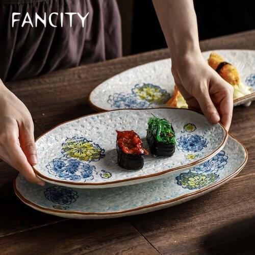 FANCITY Japanese sushi plate, sashimi plate, oval ceramic plate, fish plate, meal plate, dumpling plate, household characteristi