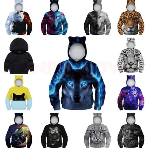 INPEPNOW Wolf 3D Print Sweatshirt for Boys Cat Ear Cap School Kids Hoodies for Girls Sweat Shirt Costume for Teens Sport Clothes