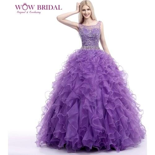 Wowbridal Elegant Purple Quinceanera Dress 2021 Scoop Crystal Strapless Embroidery Sequin Beaded Organza Tiered Ruffled Dress