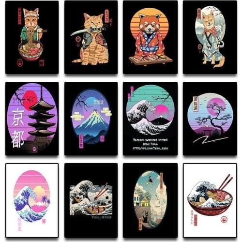 Japanese Samurai Cat Ramen Nostalgia Home Decor Art Decoration Quality Cartoon Paintings Animal Posters Canvas Painting Cuadros