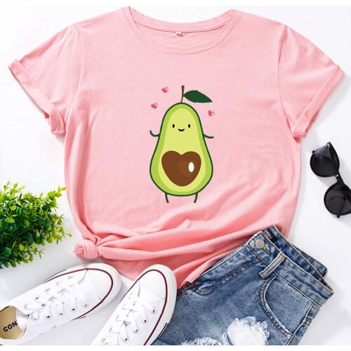 Women Short Sleeve Cotton T-Shirts Graphic Tees Summer Tee Tops for Female Casual Oversized Clothes Cute Cartoon Avocado Shirt