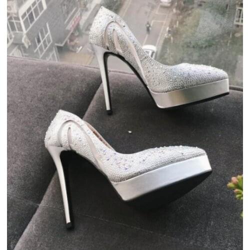 Moraima Snc Fashion Shallow Crytal Embellished Wedding Heels Pointed Toe Platform Pumps for Woman Rhinestones Party Wedding Shoe