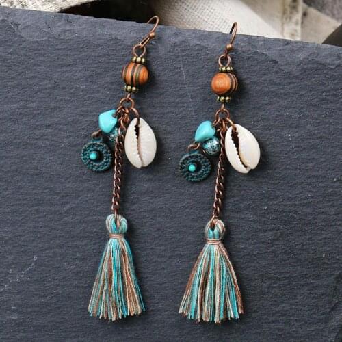 2020 New Bohemia Women Shell wood beads alloy tassel Long Dangle Hook Earrings Jewelry Decor Accessory Gift