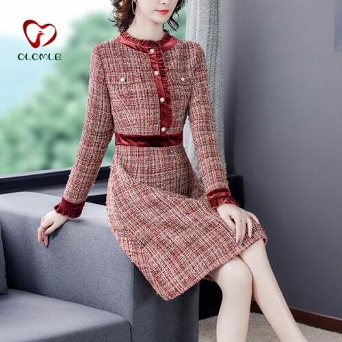 One-piece Dress Women Vintage Tweed Vestidos Winter Diamonds Ruffle Wine Elegant Dresses Plaid Beaded Woolen flamingo Dress 2021