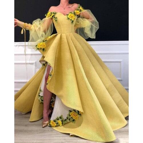 Asymmetrical Embroidery Glitter Prom Dresses 2021 Off Shoulder Long Sleeve Evening Dress Formal Party Gowns vestido formatura