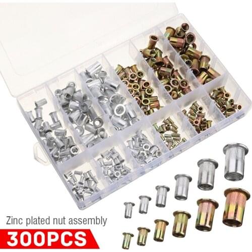 300pcs/set Carbon Steel Rivet Nuts M3 M4 M5 M6 M8 M10 With Box Aluminum Flat Head Threaded Insert Nut Rivet Nuts Set
