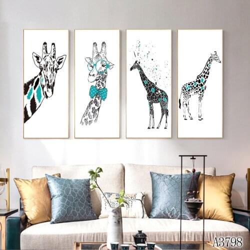 Modern Abstract Oil Painting Print on Canvas 4pcs Cartoon Animal Giraffe Canvas Art Printing Wall Art Picture for Home Decor