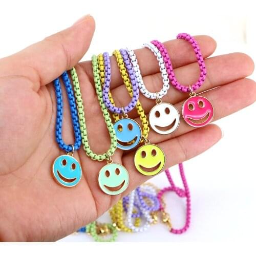 5PCS, Enamel Smiley Pendant Necklace Colorful Box Chain Necklace Trendy Jewelry