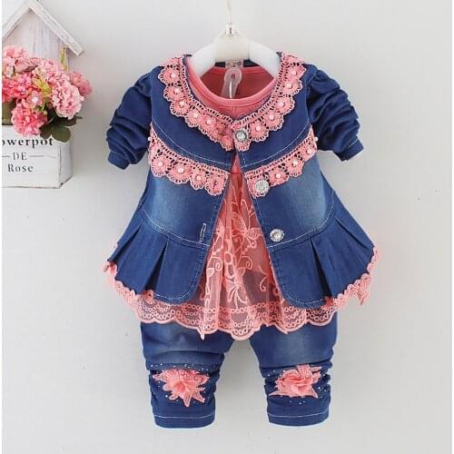Spring Autumn Infant Toddler Baby Girl Denim Clothing Sets 3 pcs Long Sleeve T Shirt Tops Denim Jacket and Jeans Trousers
