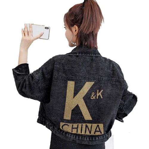 Spring Shiny Black Letter Denim Jacket Women Vintage Streetwear Punk Style Jean Jacket casaco feminino