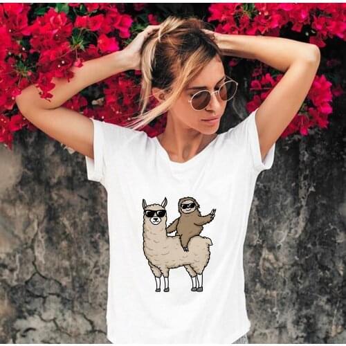 Fashion Alpaca Sloth Print Women Summer T Shirt Female Short Sleeve Graphic T-shirts Tops Harajuku Kpop Tees Camisetas Mujer