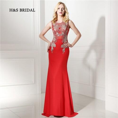 H&S Bridal Gold Appliques Red Mermaid Women Formal Evening Gowns 2017 New Arrival Real Illusion Evening Prom Dresses