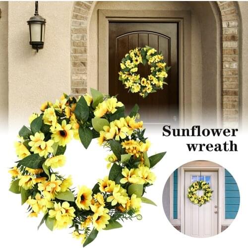 45cm Artificial Sunflower Summer Wreath Decorative Fake Flower Wreath With Yellow Sunflower And Green Leaves For Front Door