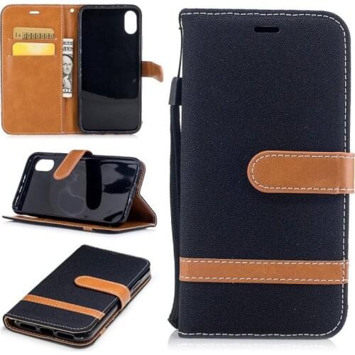 Contrast Color Cowboy Jean & PU Leather Cases for iPhone X Kickstand Flip Mobile Phone Cases with Wallet Card Holders & Lanyard
