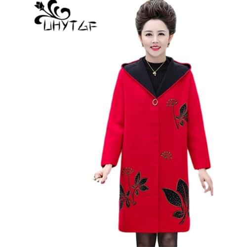 UHYTGF Plus Size Coat Women Quality Double-Sided Nylon Autumn Winter Woolen Jacket Fashion Beaded Hooded Warm Female Outwear1120