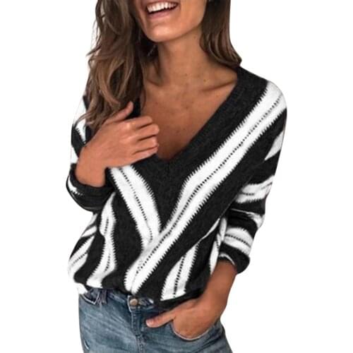 Fashion Autumn Oversized Sweater Vintage V Neck Striped Knitted Sweater Casual Autumn Winter Pullovers Knitwear Jumper Tops