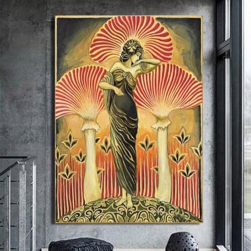 Nouveau Psychedelic Mushroom Bohemian Soma Goddess Pagan Mythology Canvas Painting Poster and Print Wall Picture for Living Room
