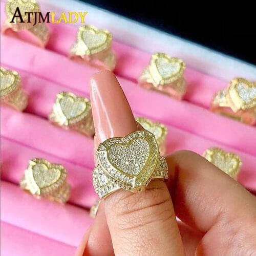 2021 Mothers Day Gift For Girlfriend Hip Hop Gold Color Iced Out 5A Heart Cubic Zirconia Heart CZ Wedding Engagement Ring